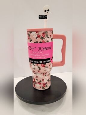 Betsey Johnson Pink Floral Skull Insulated Travel Tumbler with Handle